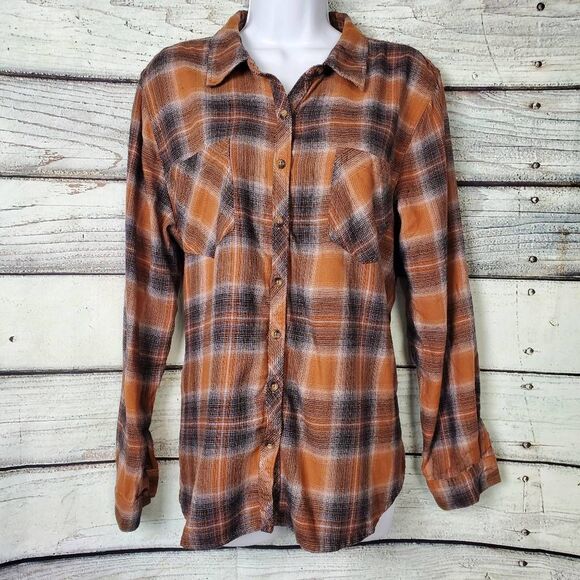 Maurices Women’s XL Brown Black Plaid Long Sleeve Button Down Shirt - Picture 1 of 8